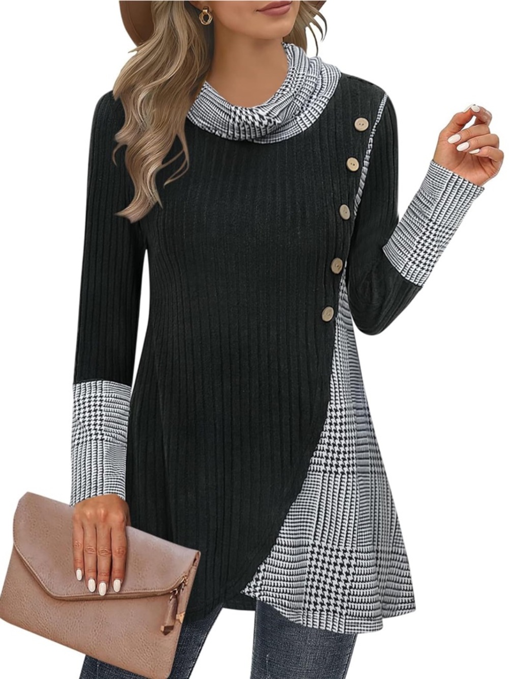 MIUSEY Black & White Plaid Cowlneck Ribbed Assymetric Tunic Button Detail XL